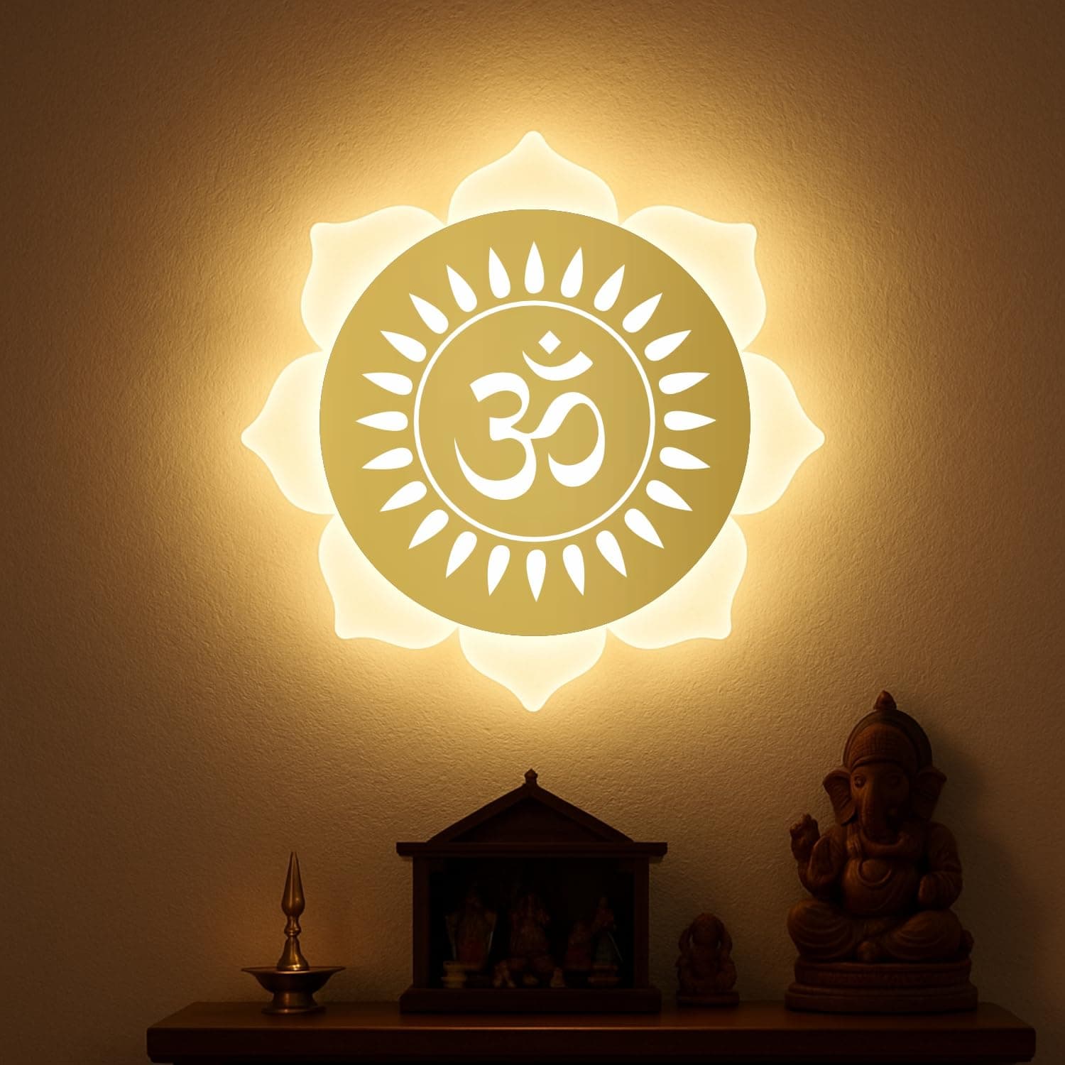 Lamp master Flower Om LED Wall Light - Gold & Frosted Acrylic | 23cm | Warm White | Ideal for Temple, Living Room, Bedroom, Pooja Room, Mandir, Shops, Hotel (Flower - Om - Gold) | 1 Year Warranty