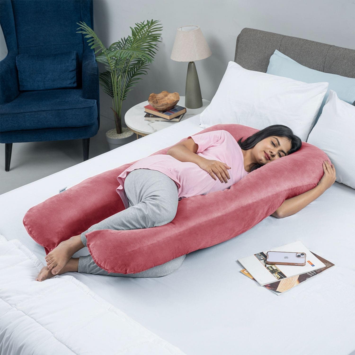 Wakefit Pregnancy Pillow | 3 Month Warranty | Velvet U-Shape Maternity Pillow for Pregnant Mothers, Pillow for Pregnant Women | Pink