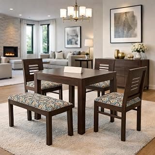 KENDALWOOD Furniture Sheesham Wood Dining Table with 3 Chairs 1 Bench | 4 Seater Dining Set | 1 Year Warranty | Wooden Dining Set | Walnut Finish with Printed Cushions | -DIY(Do-It-Yourself)
