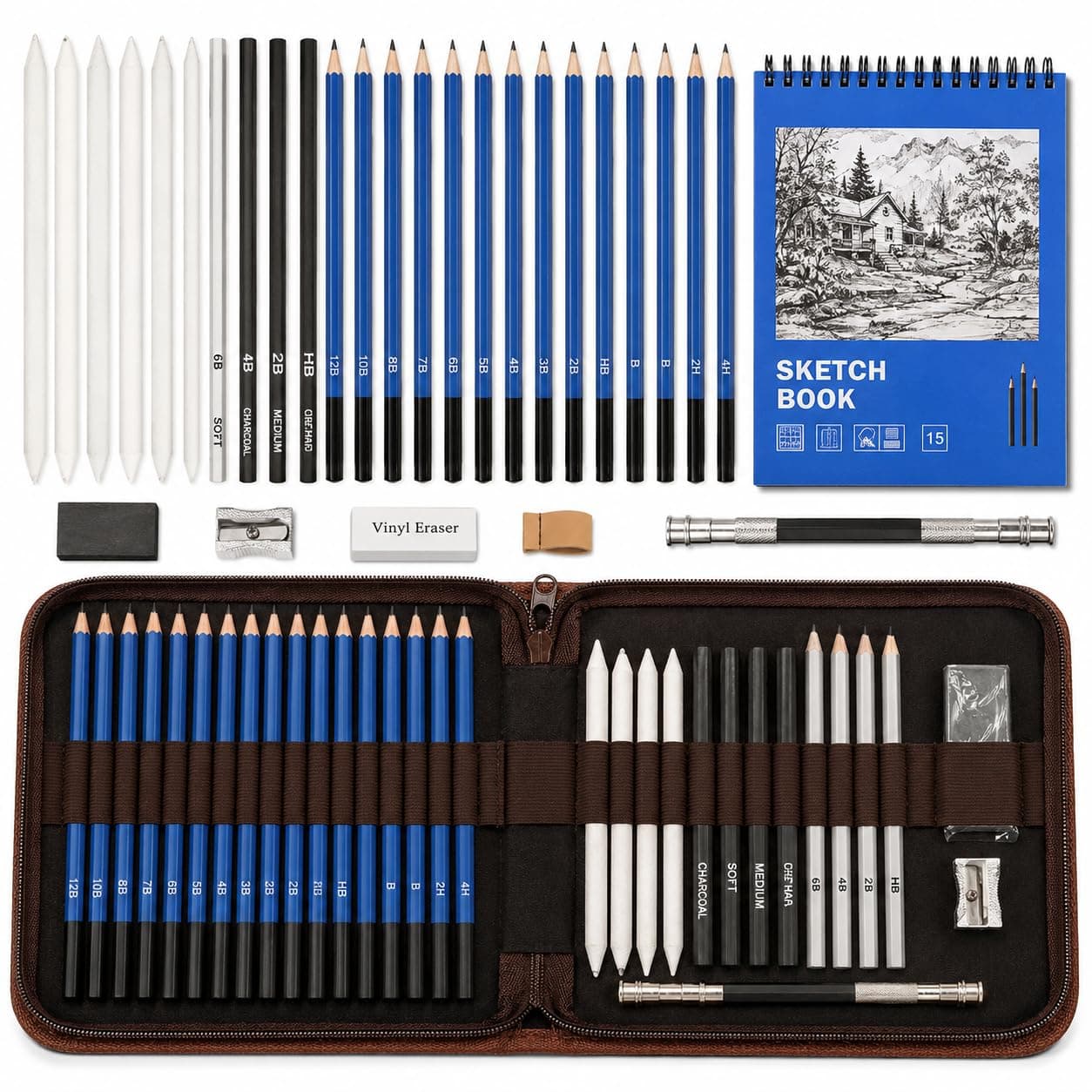 Corslet 40 Pc Sketch Pencil Set Drawing Kit Sketch Kit Drawing Pencils Charcoal Pencils for Artists Watercolor Colour Pencils Blending Stumps 50page Sketchbook Sketching Kit Artist Art Supplies