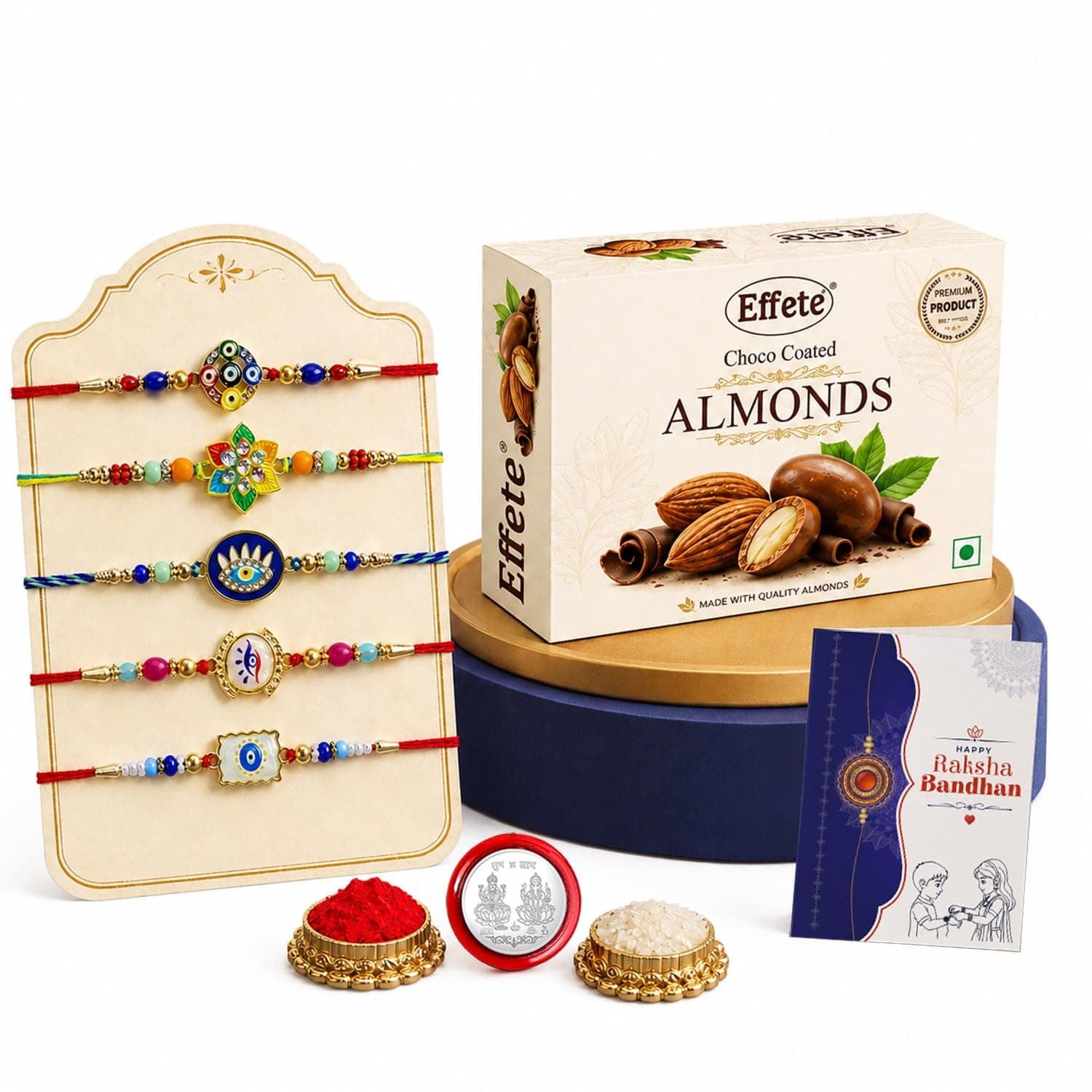 DeoDap Chocolate with Rakhi Combo for Brother – Multicolored Beads Rakhi (5 Pc) with Silver Color Pooja Coin & Greeting Card, Choco Coated Almonds (32 Gm), Raksha Bandhan Celebration Combo for Bhai