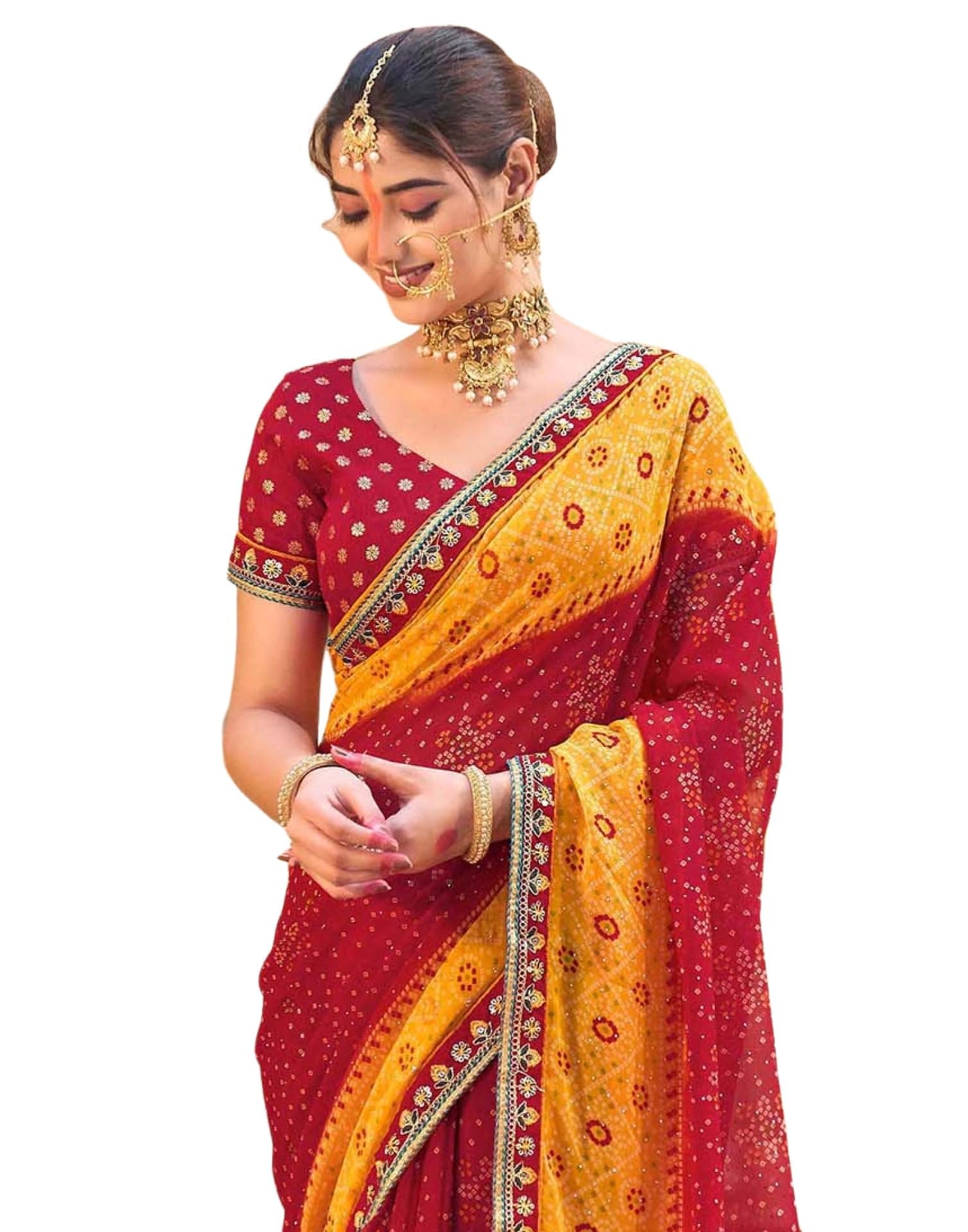 SIRIL Women's Georgette Embroidery & Bandhani Printed chhath puja Saree with Unstitched Blouse Piece