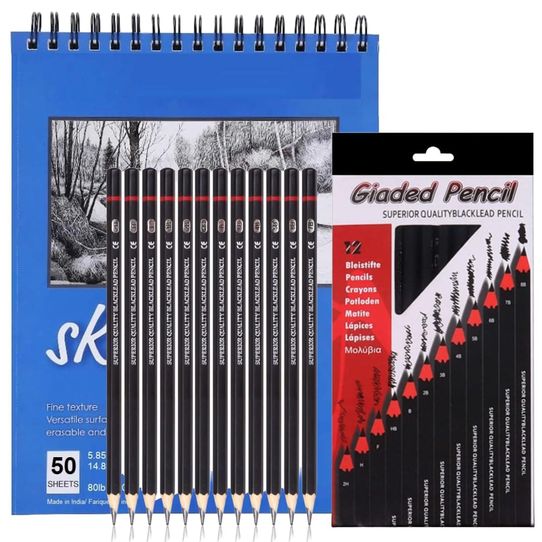 Corslet Set of 13 Drawing Kit 12 pc Drawing Pencils Set Sketch Pencil Shading Sketching Kit Graphite Artist Stationary Material for Adults Professional Artist Kit & 50 Sheets 100 Pages A5 Sketch Book