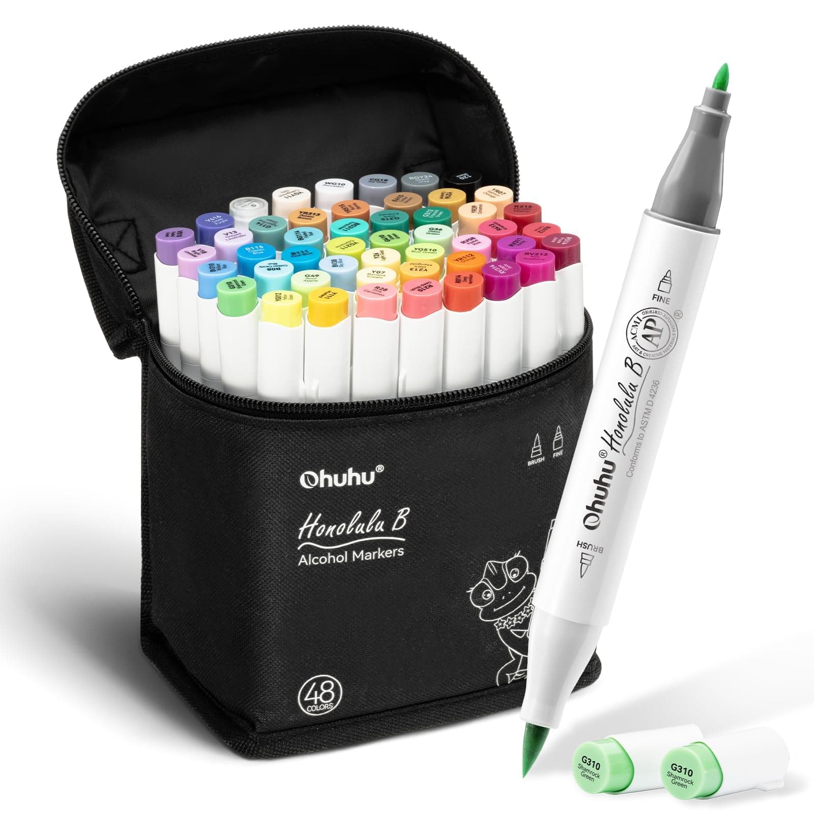 Ohuhu Alcohol Markers Brush Tip -Double Tipped Art Marker Set for Artist Adults Coloring Illustration - 48 Colors -Brush & Fine -Honolulu B -Refillable, Multicolour