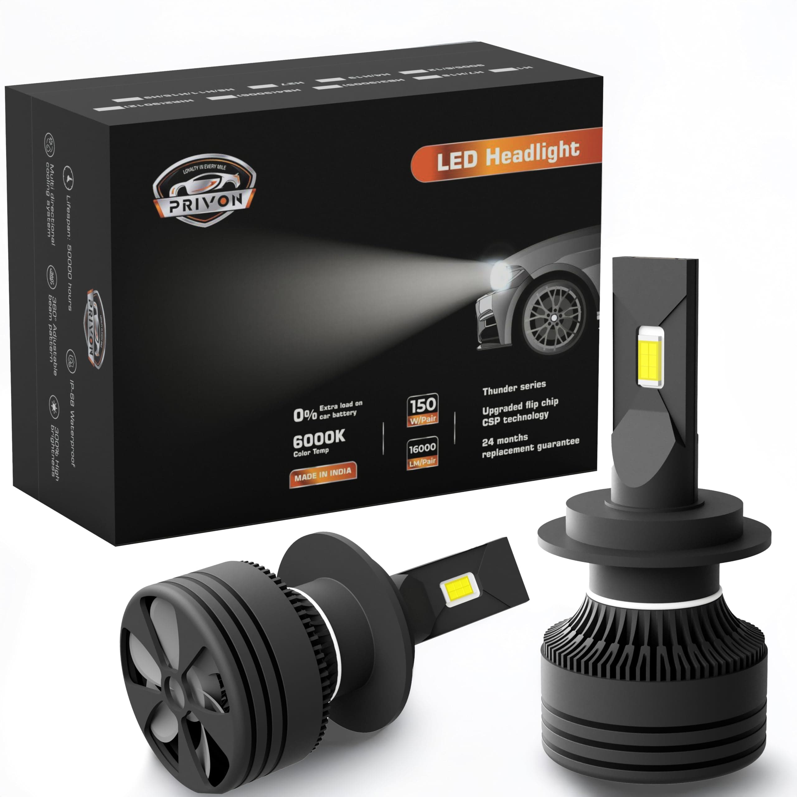PRIVON 150W HB3(9005) led headlight bulb - 16000LM 6000k White, 2 years Replacement guarantee, Plug & Play, Error-free CANBUS, IP68 waterproof - pack of 2 (75W each bulb, HB3(9005)/HB4(9006))