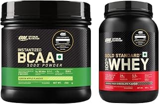 OPTIMUM NUTRITION (ON) Gold Standard 100% Whey- 2 Lbs (Double Rich Chocolate) And BCAA (Green Apple) 30 Servings, 1157 Grams