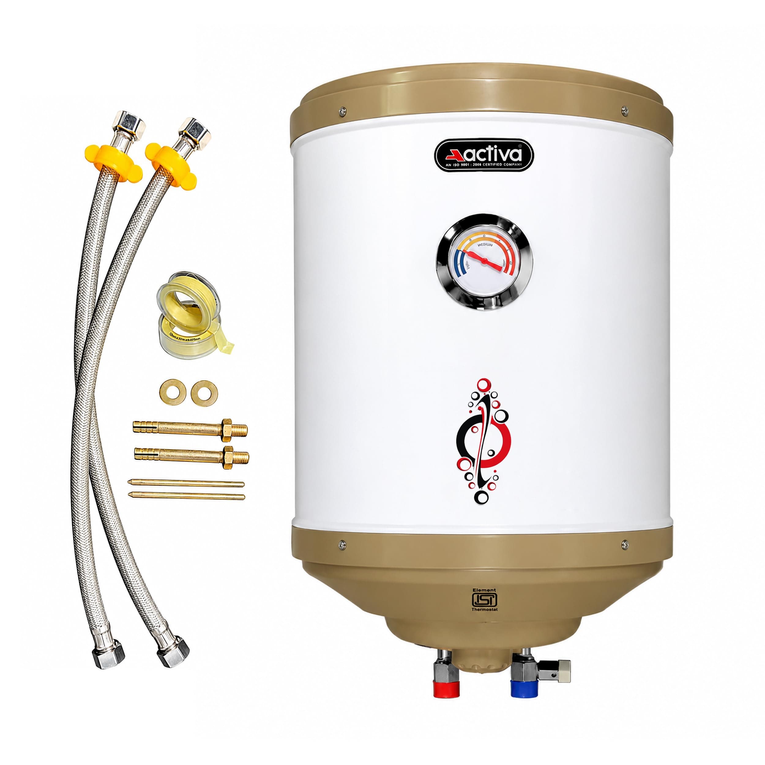 Activa 15L Water Heater Geyser with Temperature Meter, 2 KVA ISI Cooper Element, 0.75mm Anti Rust Coated Tank, ABS Body, BEE 5 Start Rated, Adjustable Thermostat, Free Instalation Kit, 5 Year Warranty
