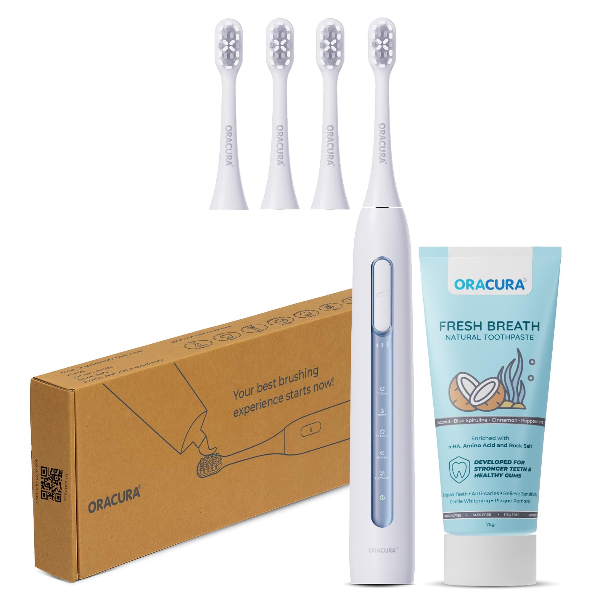 ORACURA® SB300 Electric Toothbrush for Men and Women | Smart Sonic Electric Brush with 3 Heads + Natural Toothpaste for Healthy Gums (Blue + Coconut Combo)