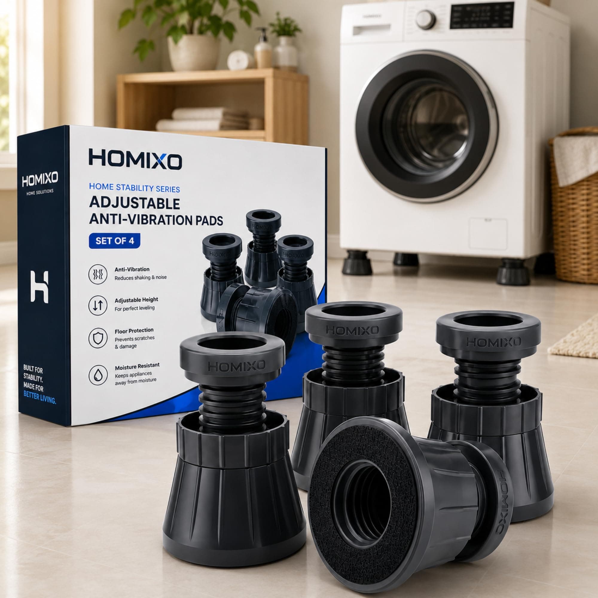 HOMIXO Adjustable Anti Vibration Pads for Washing Machine (Set of 4) | Heavy Duty Shock Absorbing & Noise Reduction Feet Pads | Anti-Slip Stand for Refrigerator, Furniture & Home Appliances