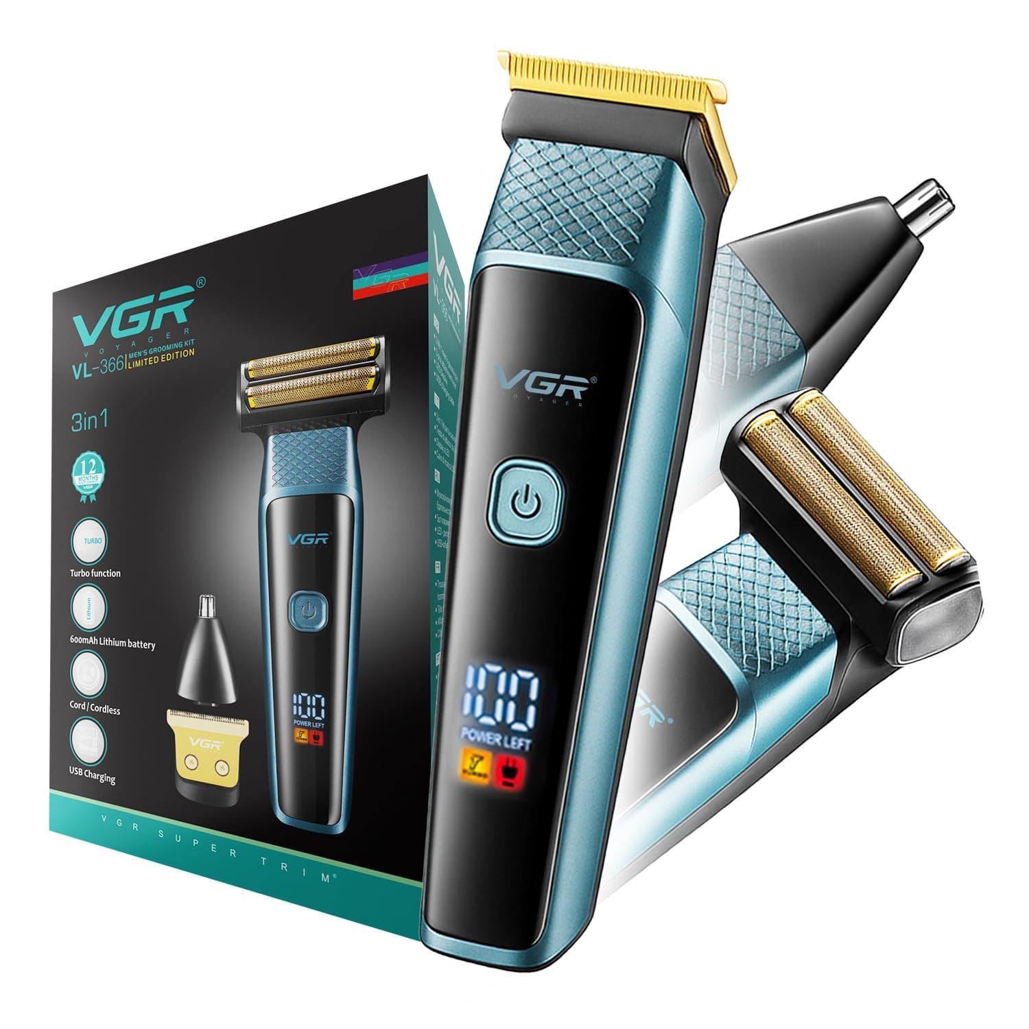 VGR VL-366 Limited Edition 3-in-1 Grooming Kit for Men & Salon with 90 min Long Runtime | Powerful 600mAh Lithium Battery | All-in-One Trimmer kit for Face, Nose, Ear, and Body Grooming (Blue)