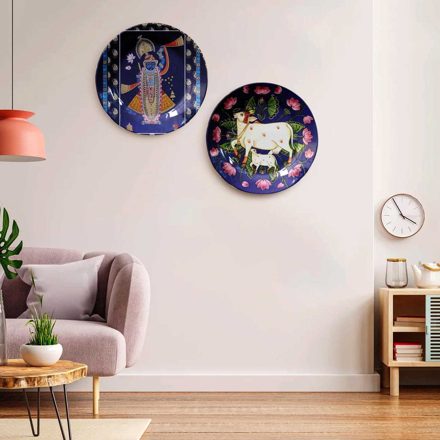JIKRAA® Srinathji and Pichwai Cow Art Ceramic Decorative Wall Plates | Decor Wall Hanging For Homes, Office, Hotel, Cafe Decoration (Set of 2 Plates of 8 Inch)