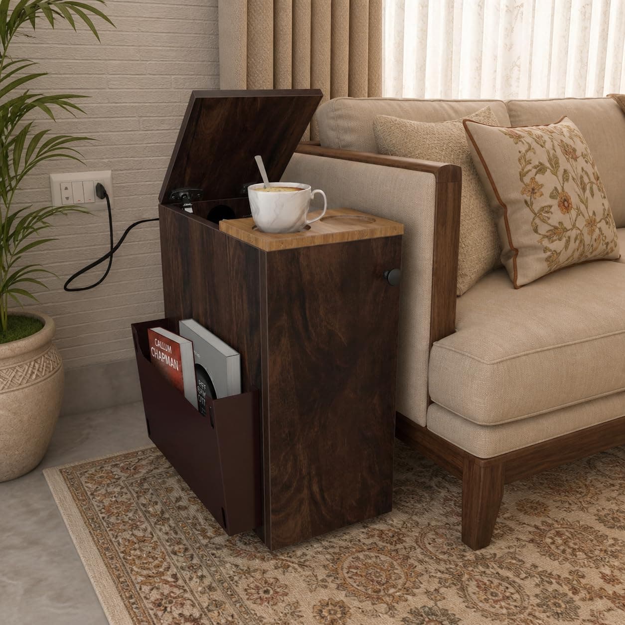 Studio Kook SEZ Sofamate Right Side Table with Storage, Junglewood | Delivered preassembled, 45x25x57 cm (33 cm deep with rack); lift-top storage, front cabinet, 2 cup holders, cable outlet