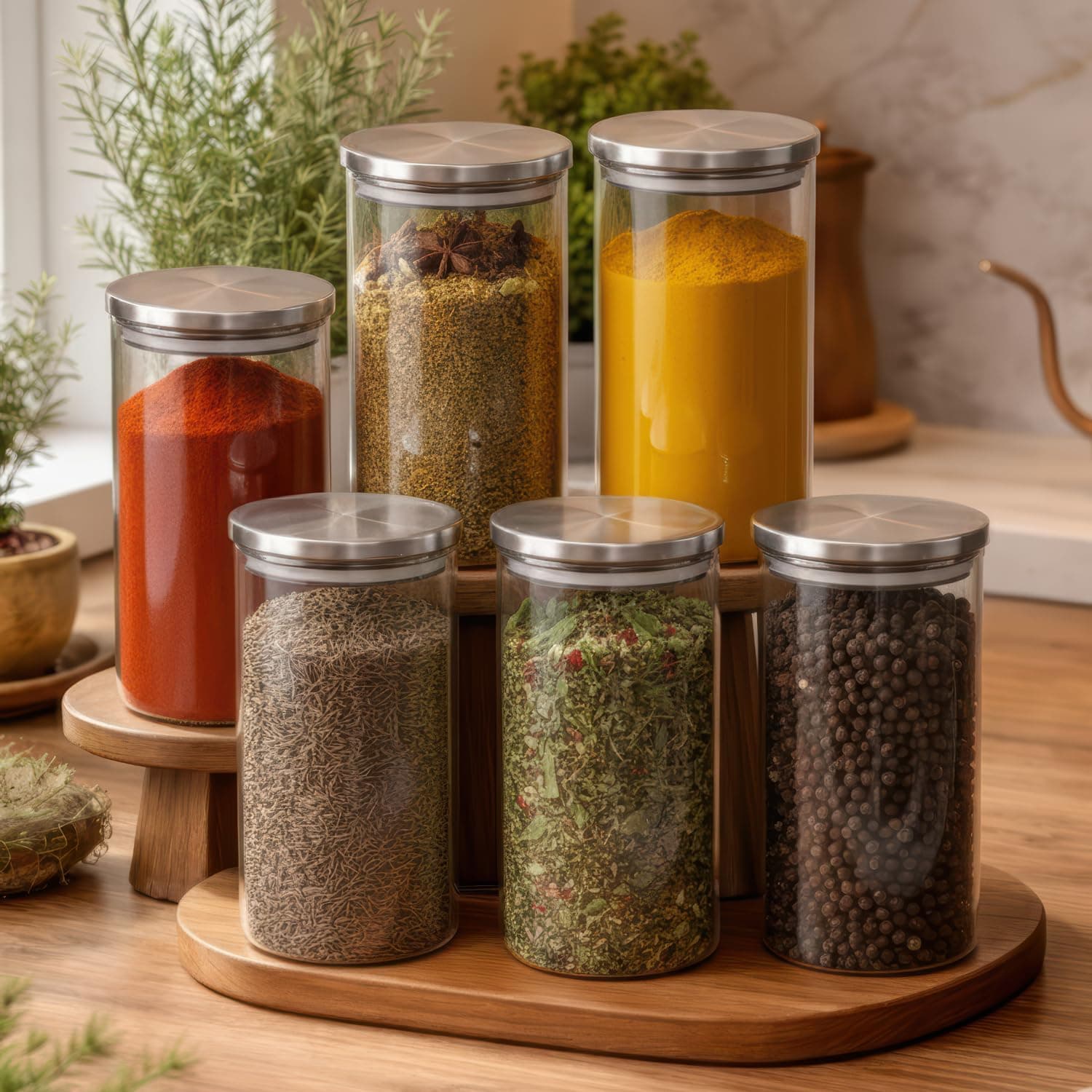 amazon basics Glass Containers for Kitchen, Set of 6, 1000ml Borosilicate Glass Jars with Airtight Stainless Steel Lids for Flour, Rice, Pulses, Cookies & Pantry Storage