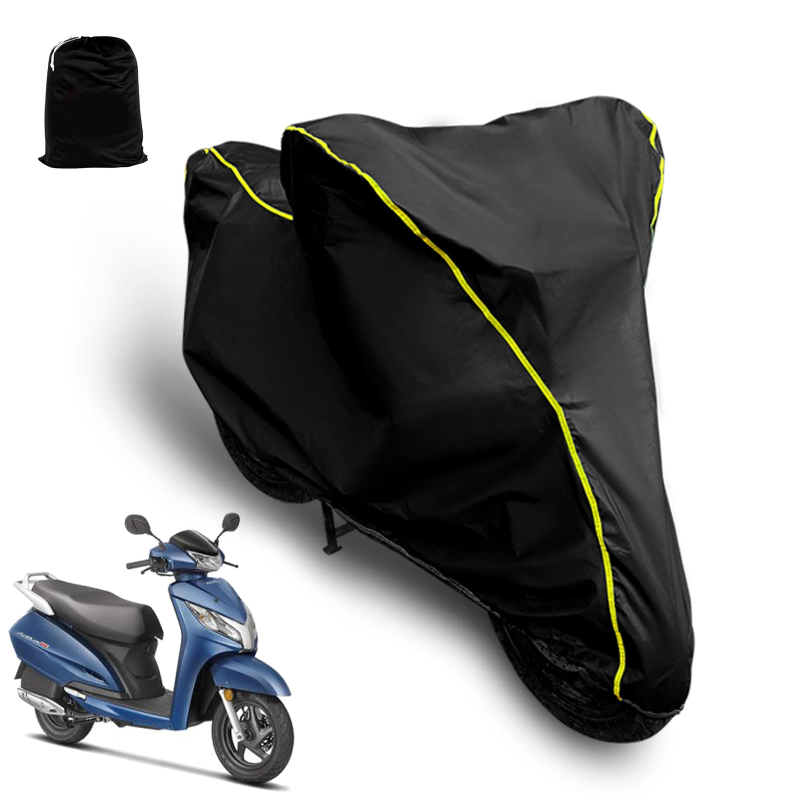 AUTOCOZEN Waterproof Scooty Cover Compatible with Honda Activa 125 Cover with All Weather Protection and Triple Stitch, Heavy Buckle with Storage Bage & Black with Yellow Piping