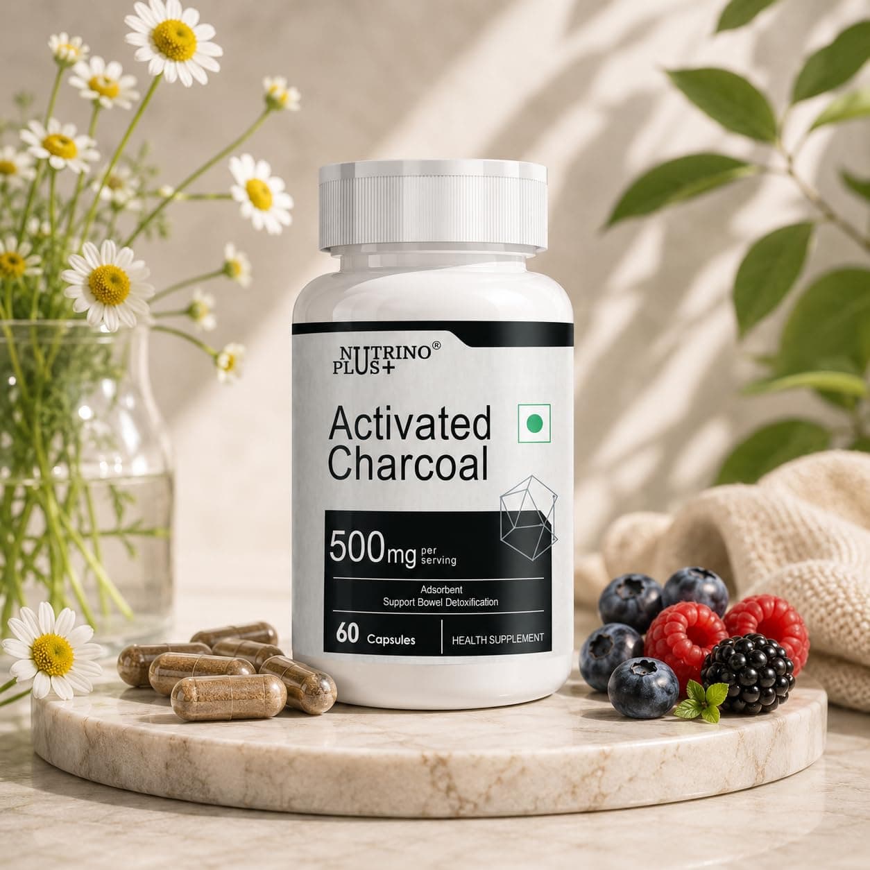Nutrinoplus® Activated Charcoal 500mg – Bowel Detox & Digestive Support Supplement | Plant-Based, Non-GMO | 60 Veg Capsules | Formulated in USA