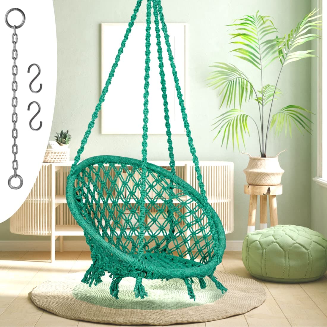 Patiofy Round Cotton Jhula for Balcony for Adults/Hammock Swing/Wooden Swing Chair/Swing for Indoor, Outdoor, Garden/Includes 2ft. Hanging Chain Accessories/Swing for Home Balcony (Green)