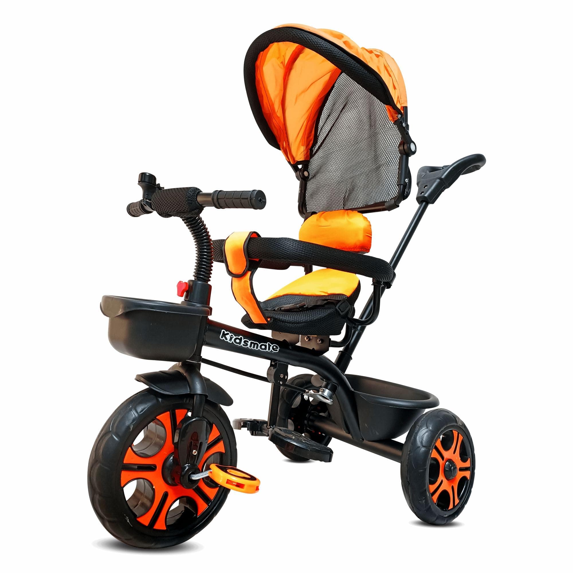 Kidsmate Champ Tricycle with Canopy Plug N Play Kids/Baby Tricycle with Safety Guard Rail and Parental Control | Fabric Cushion Seat & Bell for 12 Months to 48 Months Boys/Girls (Black_Orange)