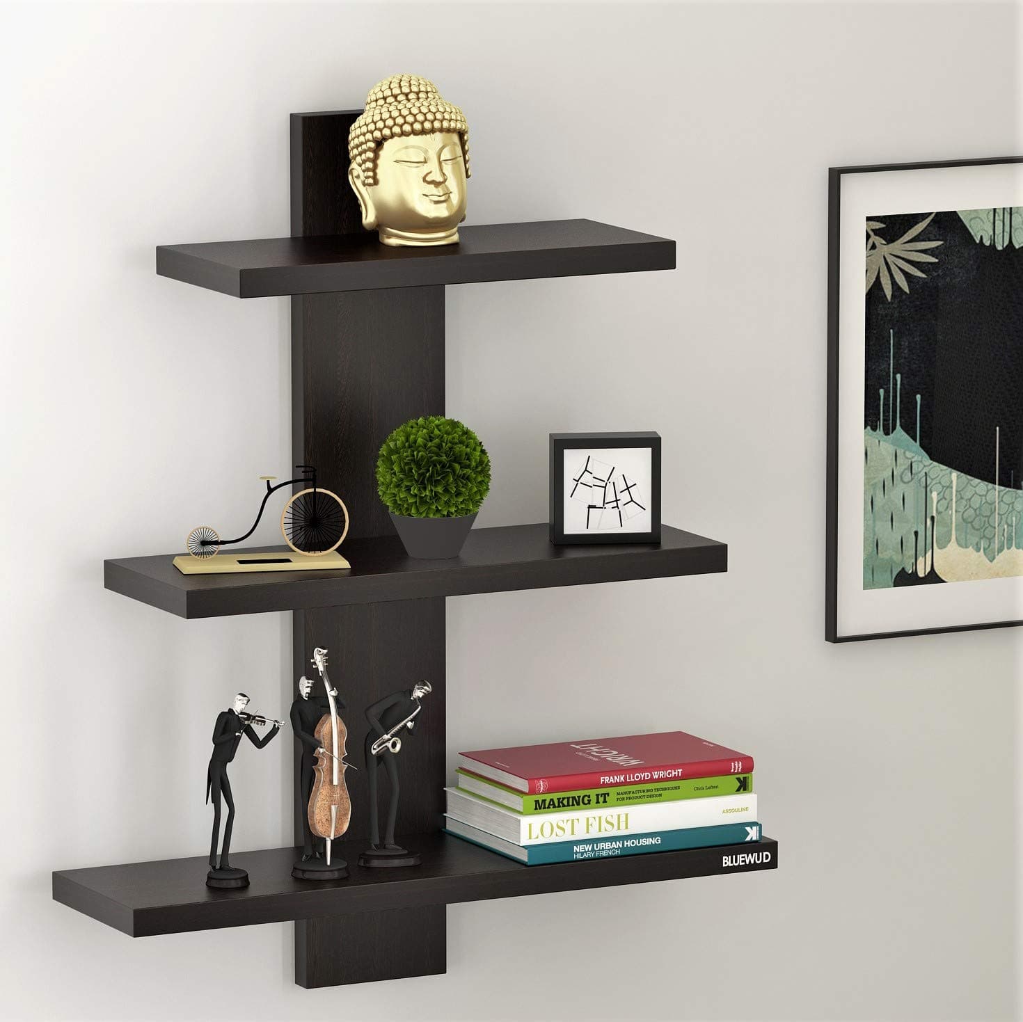 BLUEWUD Phelix Engineered Wood Wall Decor Floating Shelf Display Rack Decorative Hall Décor for Living Room Home Furniture 3 Shelves (Wenge)