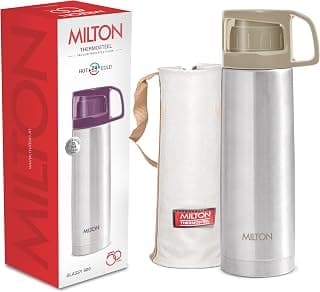 MILTON Glassy 500 Thermosteel Vacuum Insulated Double Walled Flask with Drinking Cup lid & Jacket, 500 ml Water Bottles, 24 Hours Hot & Cold, Easy to Carry,Rust Proof, Tea, Coffee, Travel Bottle, Grey