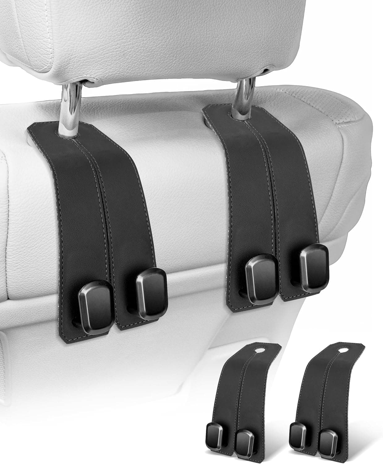 STYLUS CART Car Hooks for Headrest, 2 Piece Seat Back Storage Hook, Luxurious Leather Multifunctional Car Hanger & Holder, Black, Universal Fit