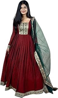 DOSPARO Elegant Vichitra Silk Gown with Jacquard Zari Border – Includes Soft Net Dupatta with Lace Trim – Parrty Wear Ethnic Dress for Women & Girls