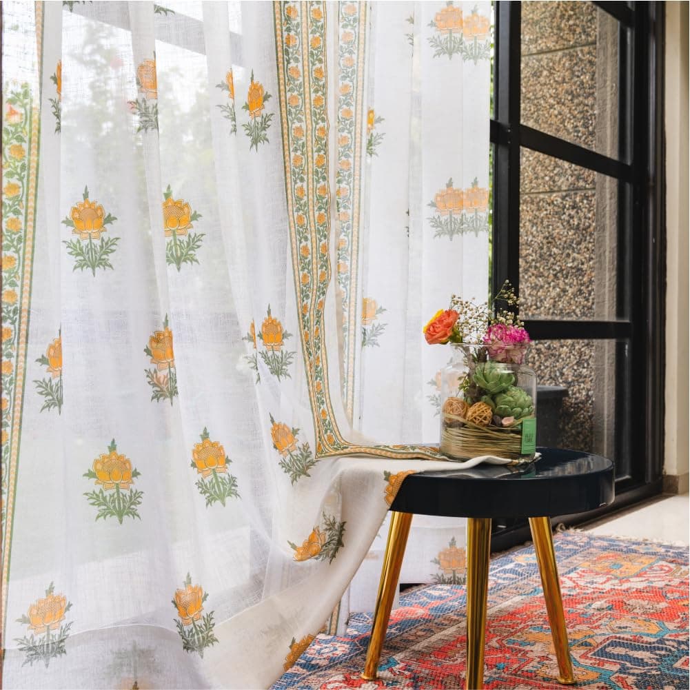 Urban Space Printed Sheer Curtains for Door 7 feet, 35-40% Light Filtering Textured Decorative Curtains with Eyelets and TieBack for Living Room, Set of 2 Curtains (Door - 7 ft, Modern Yellow)