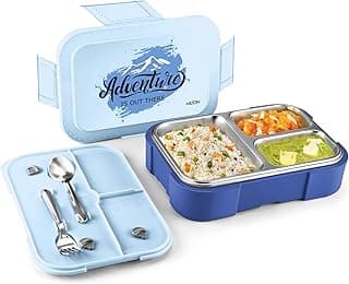 Milton Bravo 3 Inner Stainless Steel Tiffin Box for School, 3 Partition, Steam Release Plug| PU Insulated, Leak-Proof, Food Grade I Lunch Box for Kids Boys,Girls with Snap Lock Lid, 600 ml, Light Blue