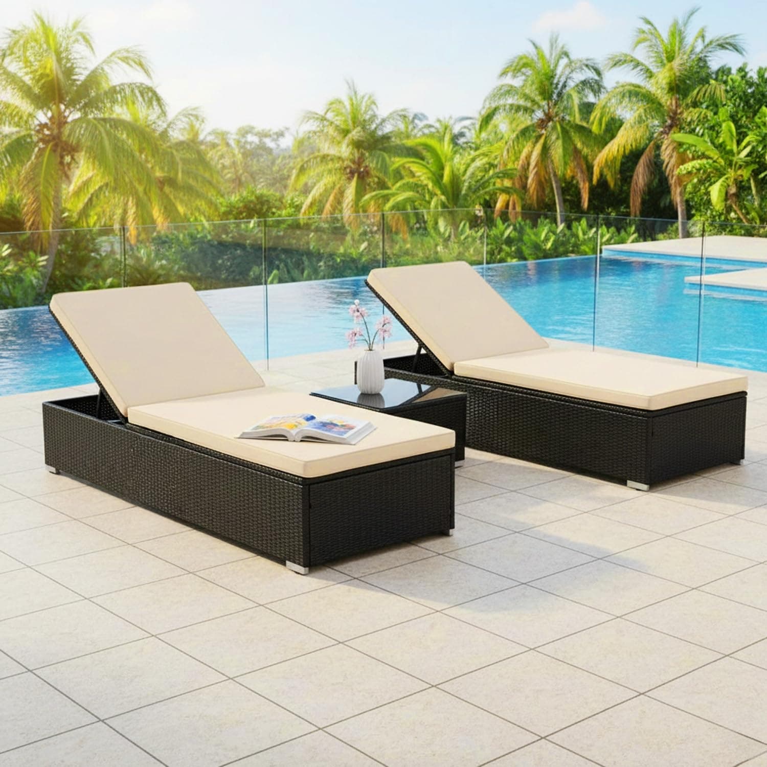 DEVOKO Outdoor Patio Loungers with Table Set HDPE Wicker Water-Resistant Cushions UV-Resistant Furniture Strong Durable Frame for Poolside, Garden (Black & Cream)