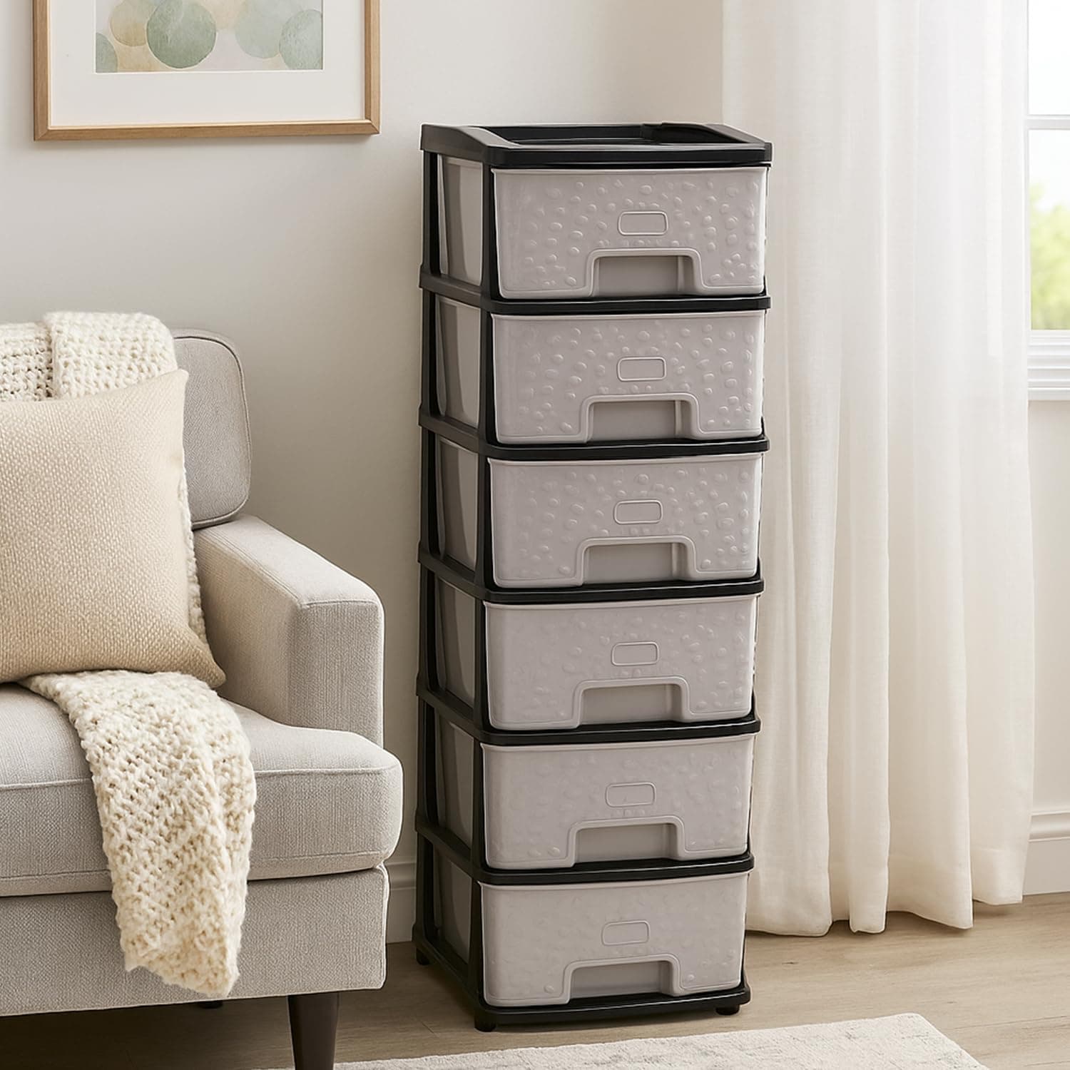 Amazon Basics Plastic 6 Tier Multipurpose Modular Drawer Storage Rack | Kitchen & Home Essentials Organizer Storage Box Cabinet | Almira Set for Stationary, Kitchen, Cosmetic | Black & Grey