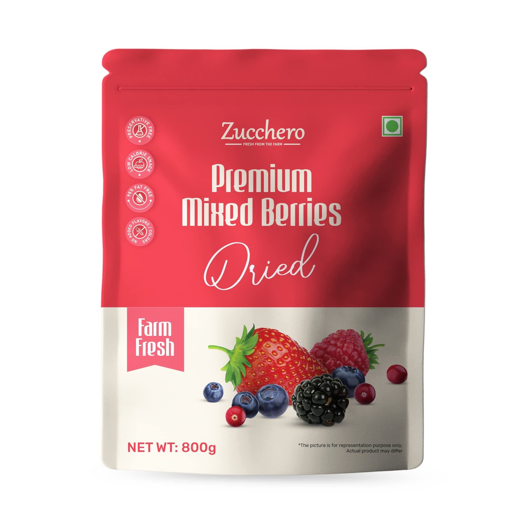 Zucchero Premium Mixed Berries, 400 gram (Blueberry, Cranberry, Black Currant, Strawberry, Cherry) | 100% Berries | No Added Raisins | Low Calories | 99% Fat Free | Antioxidant Mix | Healthy Dry Fruit