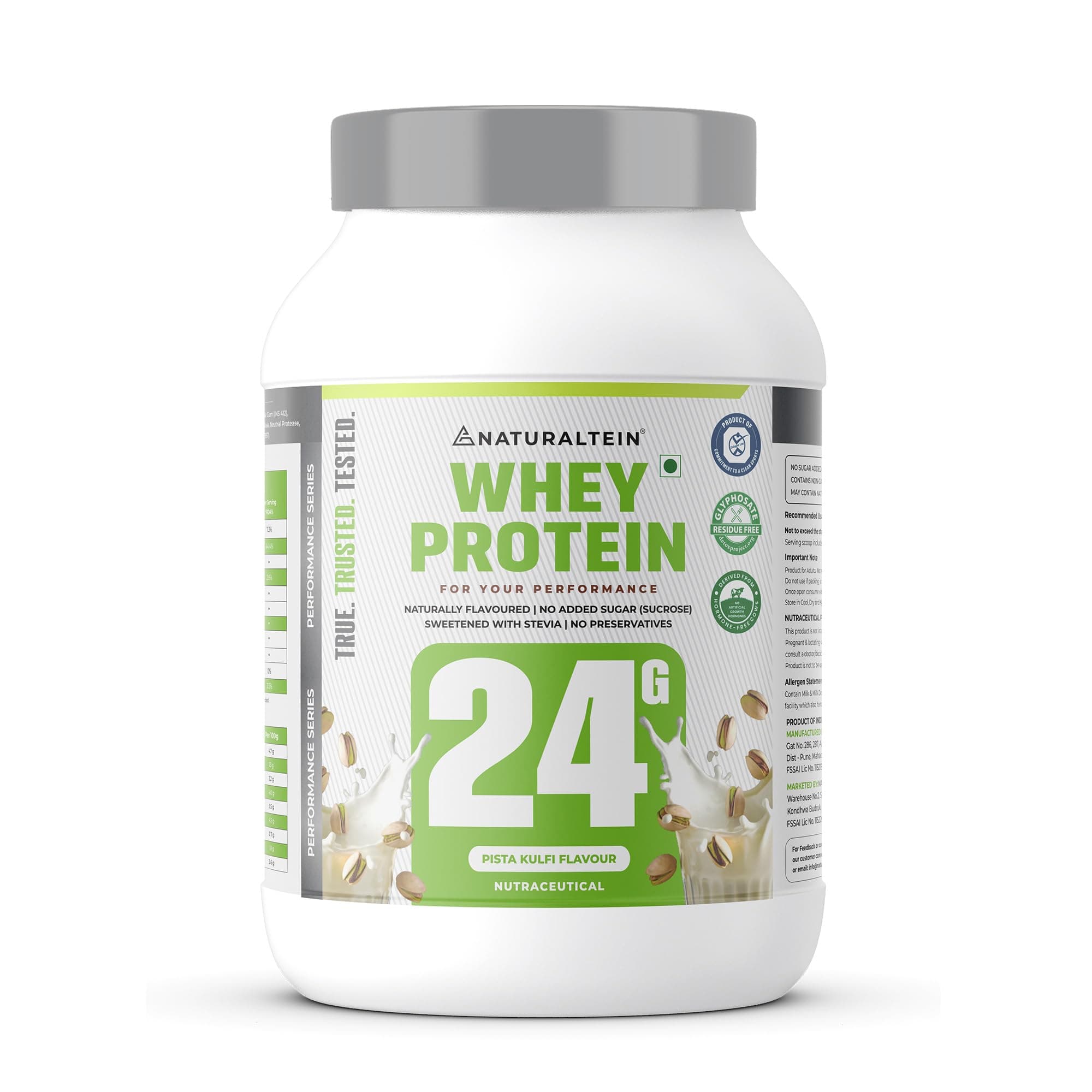 NATURALTEIN Natural Whey Protein – 24g Protein per Serving | Pista Kulfi Flavour | Stevia Sweetened | No Added Sugar | Non-GMO | Soy-Free & Gluten-Free | Super Mixability | 1 kg