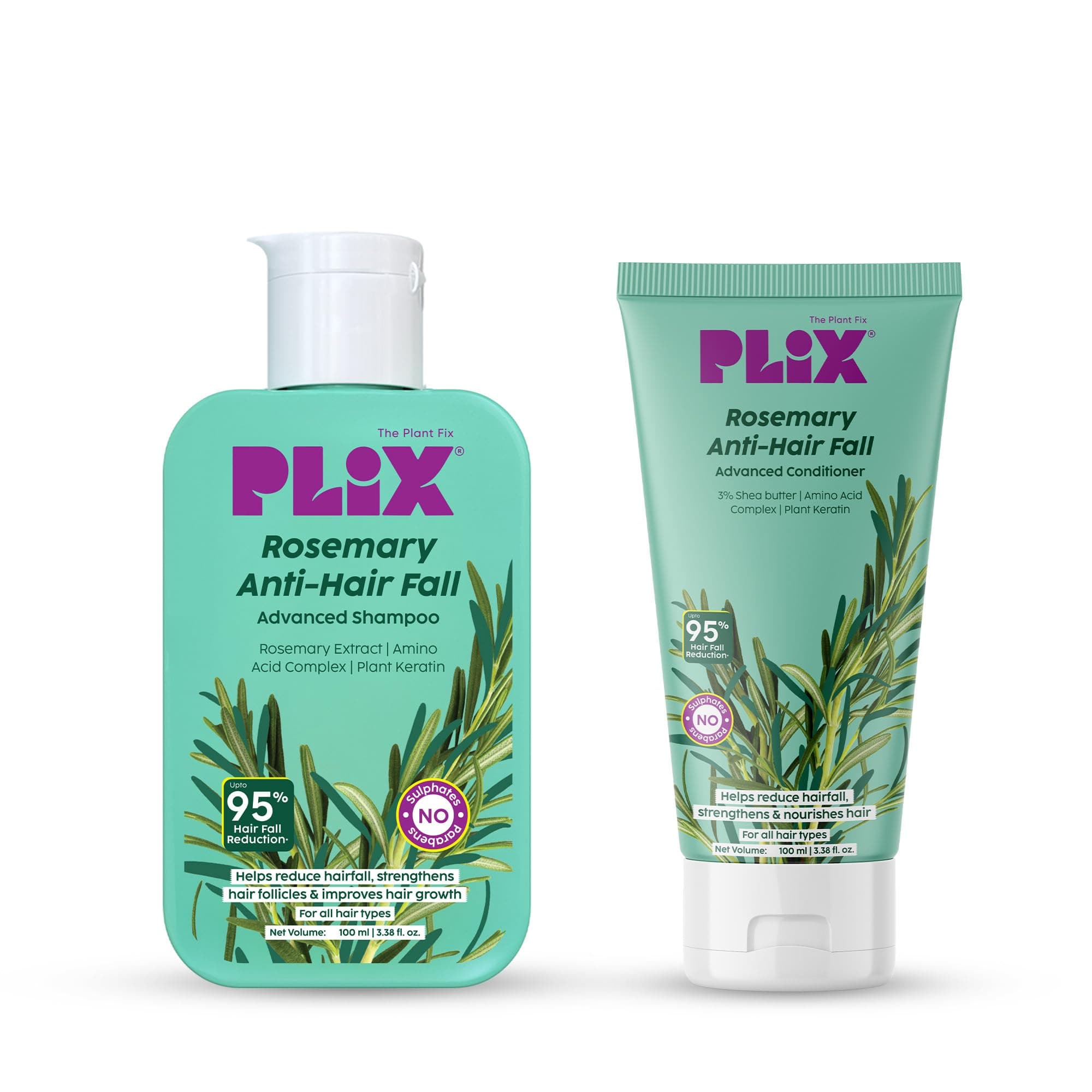 Plix Rosemary Advanced Anti Hair Fall Shampoo & Conditioner Combo | Reduces Hairfall & Promotes Hair Growth | Nourishes, Strengthens & Smoothens | All Hair Types | Men & Women | Sulphate & Paraben Free | Dermatologically Tested | 100ml + 100ml | Pack of 2
