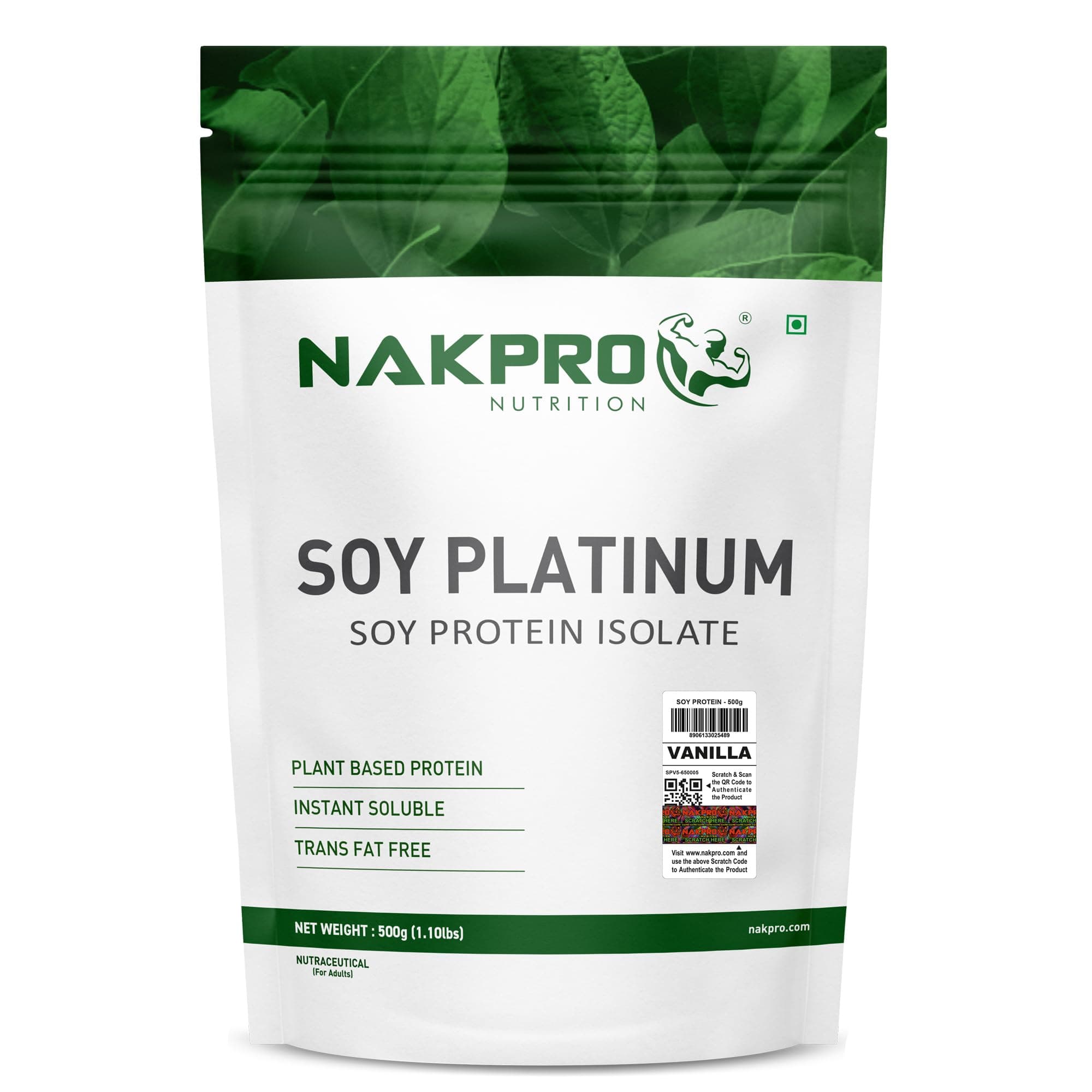 NAKPRO 100% Soy Protein Isolate, Vanilla - 500g | 25.3g Protein |Plant Based Protein Powder |All Essential Amino Acids for Support and Recovery