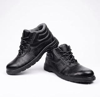Generic Red Pigeon Men's Safety Shoes Steel Toe | Industrial Work Boots with Direct Injection PVC Sole | Padded Ankle Protective Construction & Labour Shoes for Men, Oil-Acid Resistant (Black)