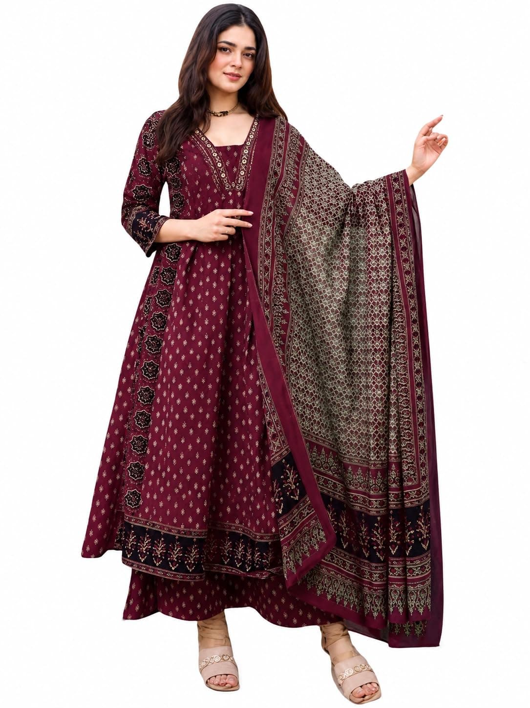 ASSUME FAB Women's Blue Viscose Ajrakh Print Anarkali Kurta with Pant & Dupatta Set | Ethnic V-Neck Flared Salwar Suit for Wedding