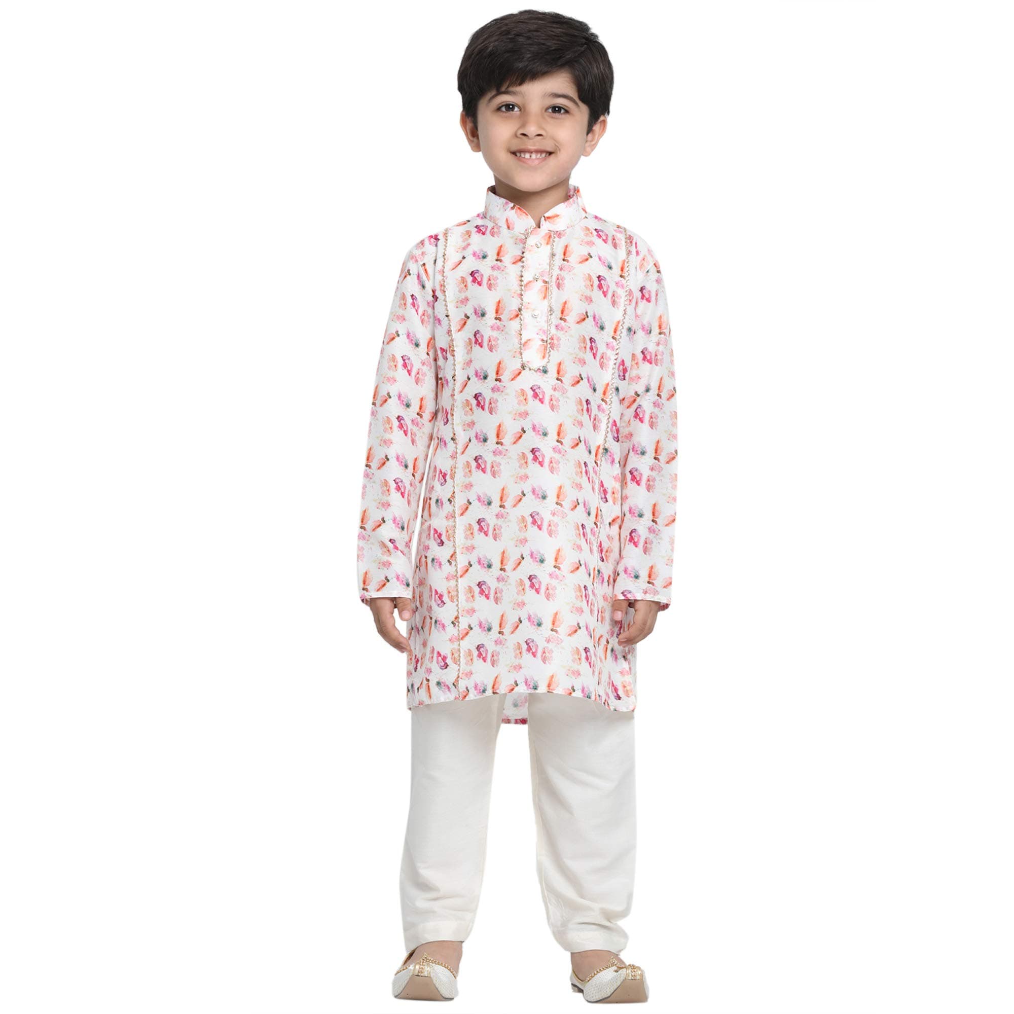 Vastramay Boys Linen Cotton Kurta Set for Independence Day Celebrations- Digital Floral Print Ethnic Wear with Mandarin Collar