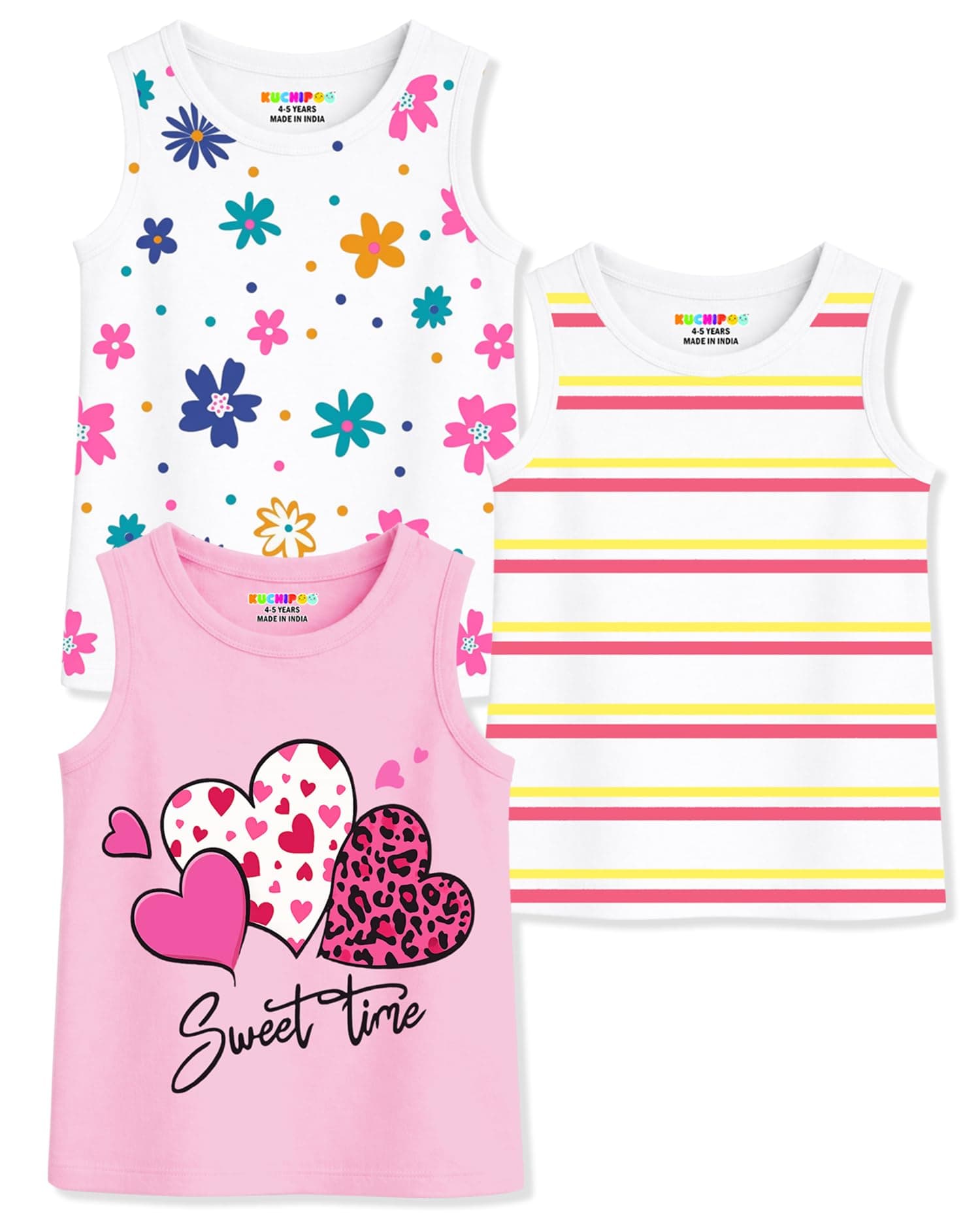 Kuchipoo Girls Sleeveless Cotton Tshirts | Printed Round Neck Kids Tshirts for Summer Wear | Pack of 3