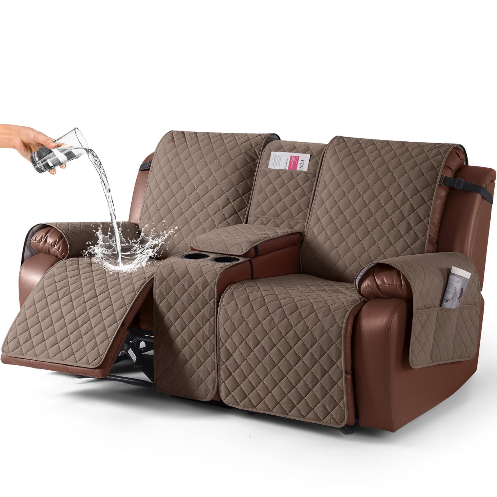KinCam 100% Waterproof Loveseat Recliner Cover with Console, Non-Slip Reclining Couch Covers for 2 Seat, Recliner Sofa Cover Furniture Protector with Elastic Straps for Kids, Pets, Brown
