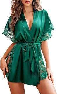 SSoShHub Lingerie for Women Satin Sleeping Robe Eyelash Lace Kimono Side Split Sexy Silk Robes
