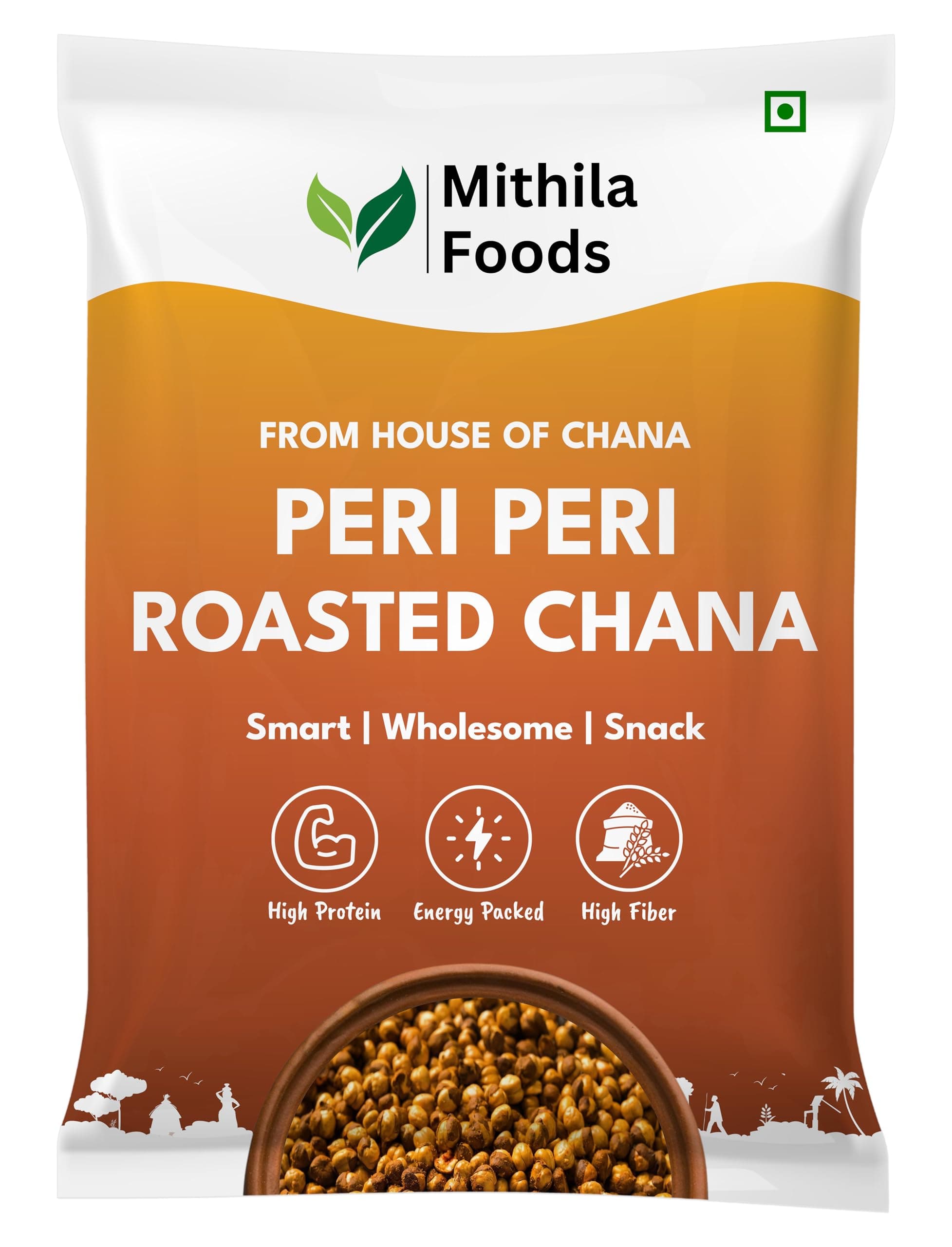 MITHILA FOODS 1 kg Peri Peri Roasted Chana | Spicy Desi Chickpeas | Whole with Skin | Crunchy Vegan Gluten-Free High Protein SMART Snack | Authentic Bihari Bhuna Chana Snacks Fiery Peri Peri Flavor