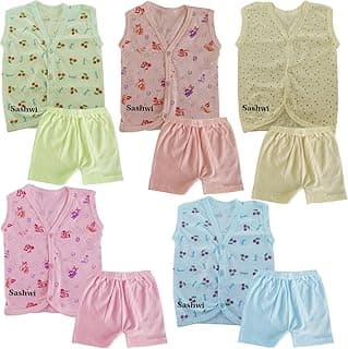Sashwi New Born Baby Boys & Baby Girls Top And Bottom Set, Hosiery Soft Cotton Material Front Button Type, Rich Printed Casual Cotton Dress (0-6 Month) (Pack Of 5 Set), Multicolor