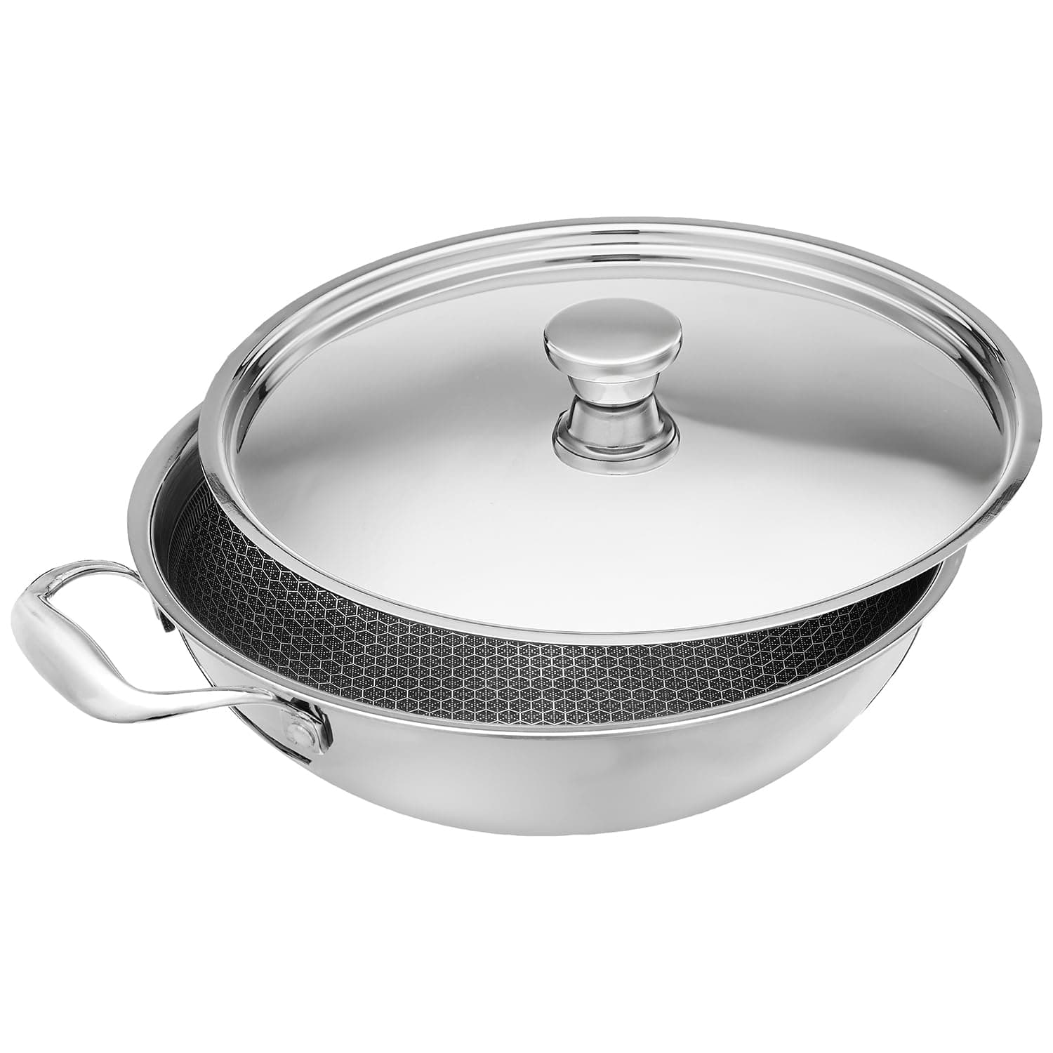 Amazon Basics Non-Stick Honeycomb Triply Stainless Steel Kadhai with Steel Lid, 26 cm - 3.2L, Fast & Even Heating, Induction & Gas Compatible