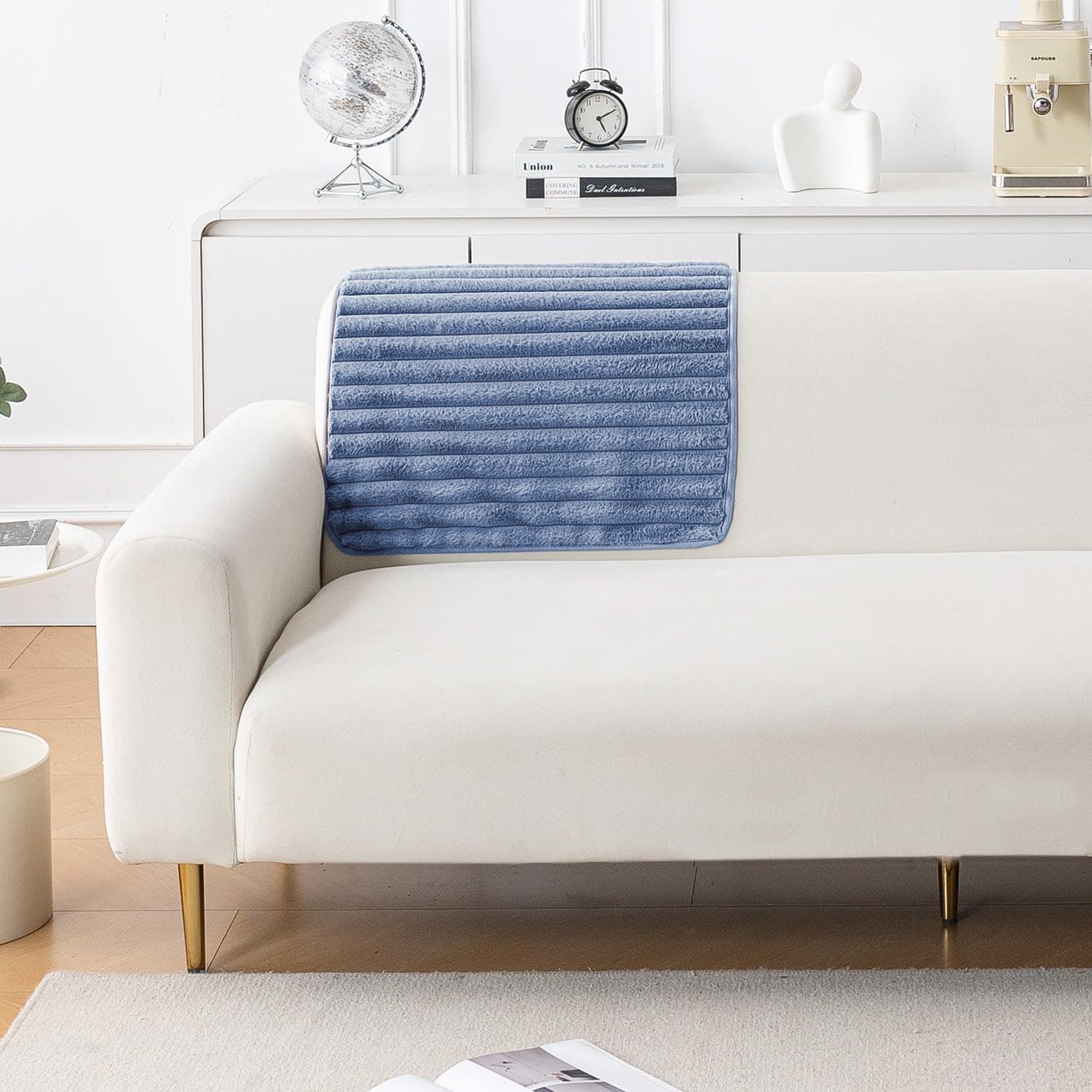 HOKIPO Snuggle Fur Sofa Backrest Cover, 1 Pc, Denim Blue | One ribbed faux fur back cover, fits most sofas. Matching seat mats and arm covers available to complete the set.