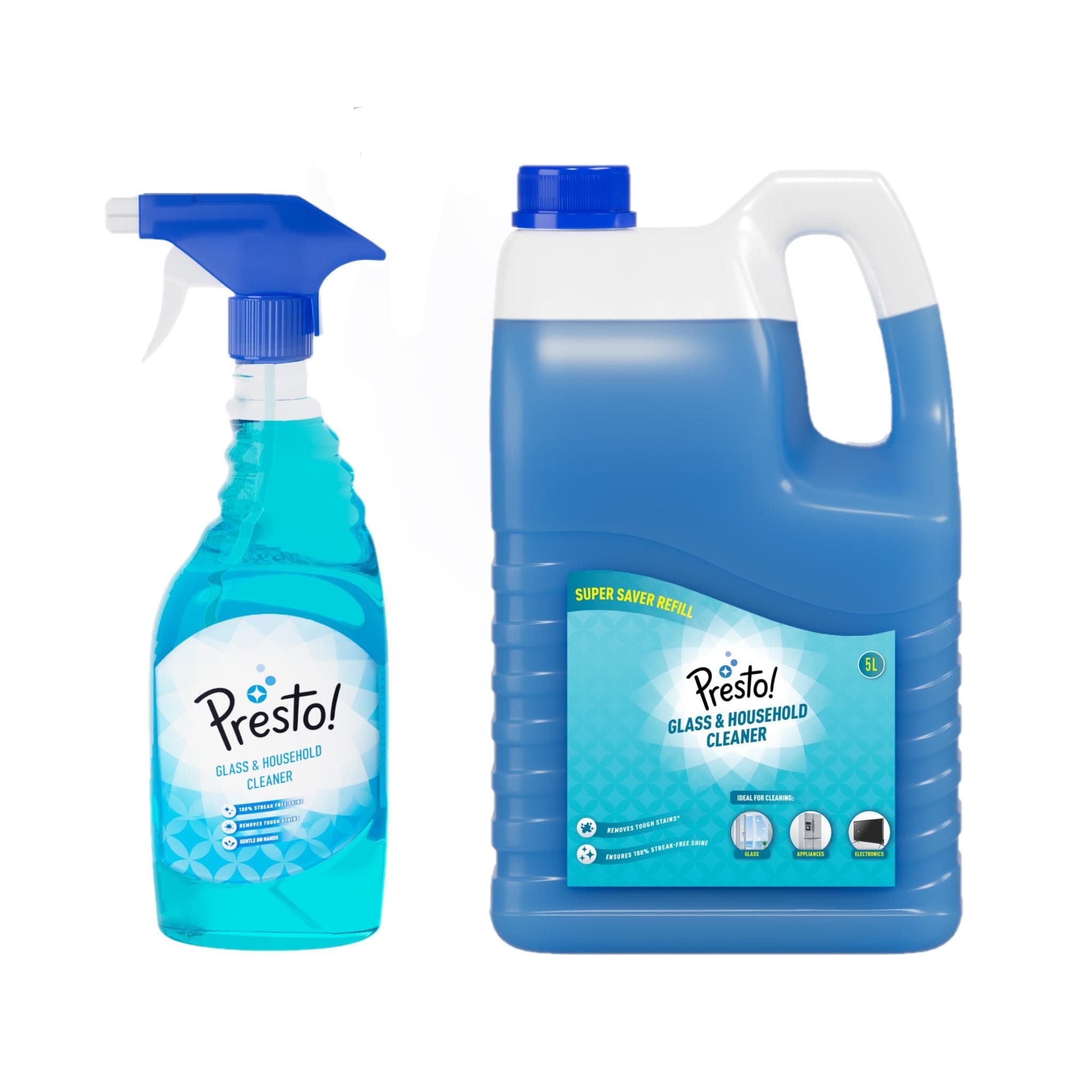 Amazon Brand - Presto! Glass & Household Cleaner - 5 L & 500 Ml Spary Pump|Multi-Purpose Glass, Car, Kitchen and Household Cleaner