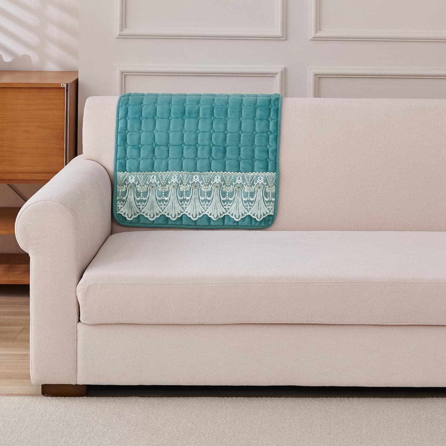 HOKIPO BelleLace Sofa Backrest Cover, 1 Pc, Teal | One back cover, fits most sofa types. Matching seat mats and arm covers available to complete the set.