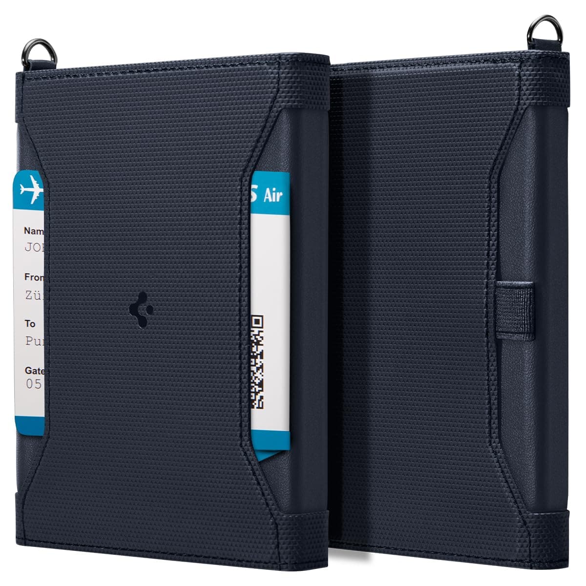 Spigen Leather Passport Holder for Men & Women - RFID Blocking Travel Wallet & Document Organizer, Premium Passport Cover with SIM Card Slot & Pin, Travel Accessories - Navy Blue