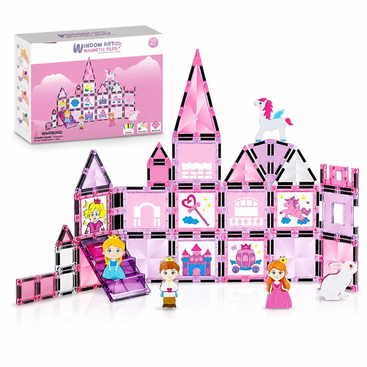50 PCS Magnetic Tiles Princess Castle Building Set for Kids | Window Art Magnetic Blocks with Figures & Unicorn | STEM Educational Construction Toy for Girls Boys Age 3+