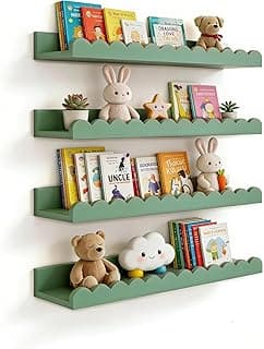 Scalloped Shelves for Nursery - Wall Book Shelves for Bedroom Kids, Nursery Bookshelf for Wall Set of 4, Floating Book Shelves Solid Wood,18 Inch (Green)