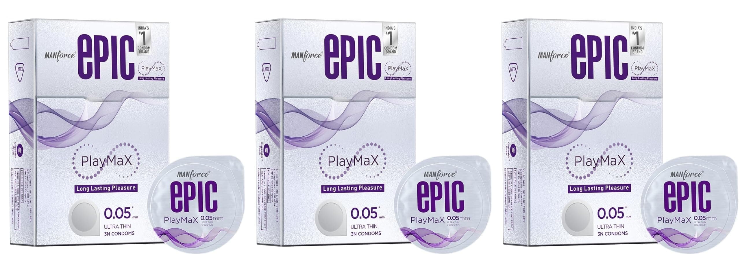 Manforce Epic Playmax Climax Delay Ultra Thin Condoms - Performance Benzocaine Lubricant, High Sensation Natural Latex - 3 Pack x Pack of 3