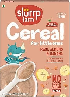 Slurrp Farm No Added Sugar, No Salt Ragi, Almond and Banana Cereal | 100% Sprouted Ragi | Healthy Cereal | No Milk | No Preservatives, 200g